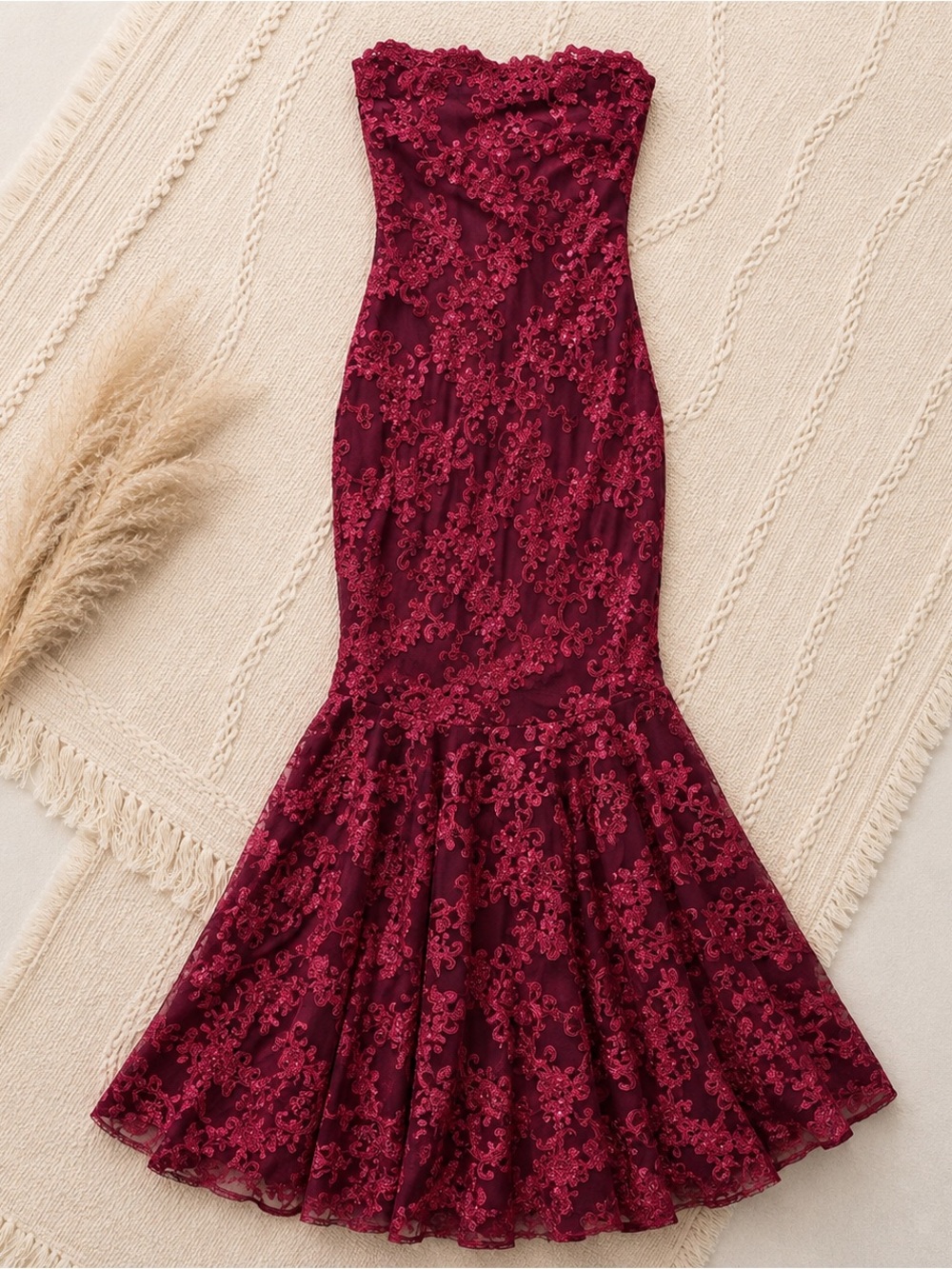 Strapless Burgundy Lace Mermaid Prom Dress